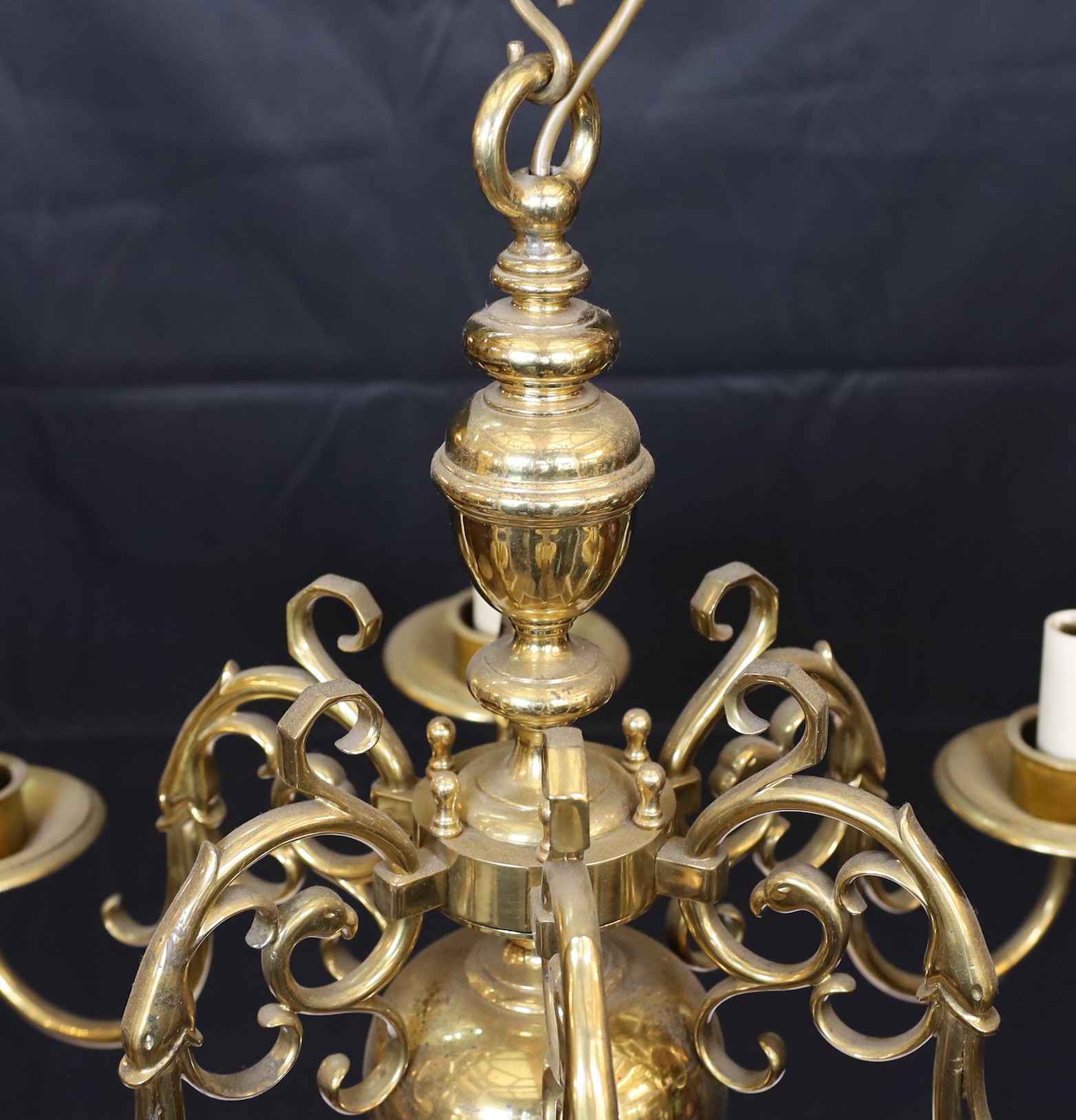 A pair of Dutch 17th century style lacquered bronze six light chandeliers, height 50cm. width 60cm